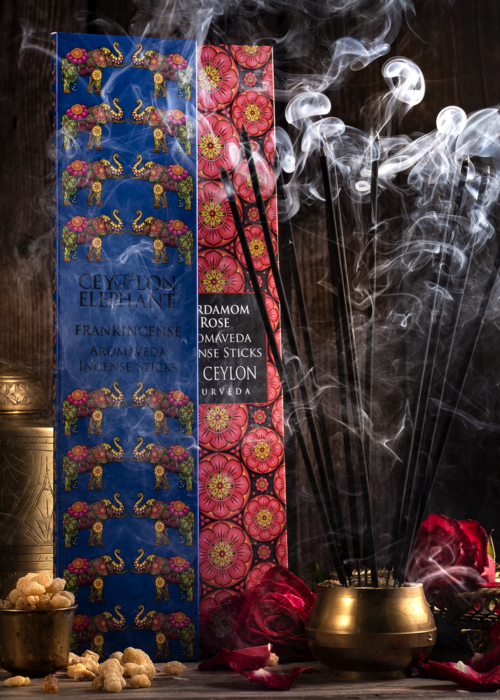 2706 + 5437 - CEYLON ELEPHANT - FRANKINCENSE KAFFIR LIME + CARDAMOM ROSE - Aromaveda Incense Sticks